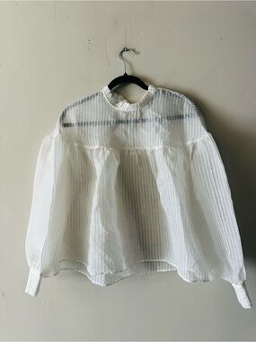 Zara White Sheer Textured Ruffle Yoke Blouse